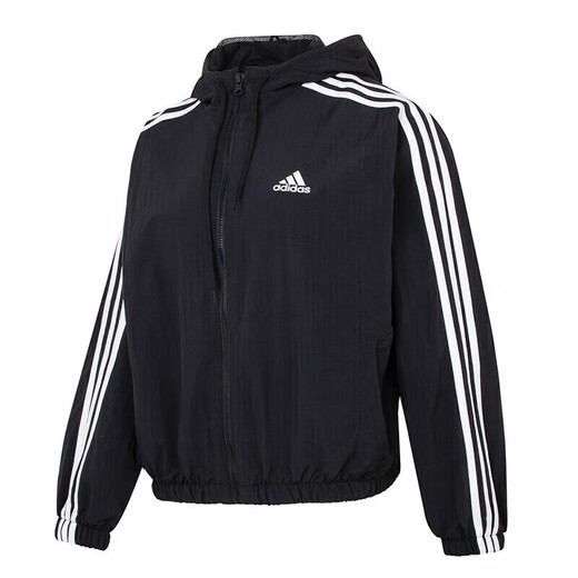 阿迪达斯（adidas）外套女 2025夏季新款运动休闲服时尚防风衣连帽开衫透气夹克上衣 梭织连帽/三条纹/黑色/偏小一码 S (160/84A)