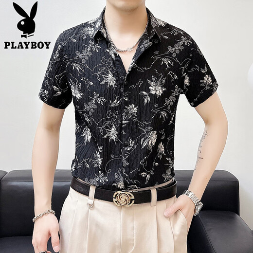 Playboy (playboy) glace Slim Slim Short à manches à manches à manches courtes pour hommes Summer Casual Ir-Irging Mid-Marseved Clothing Men's Clothing Bk679 Black M