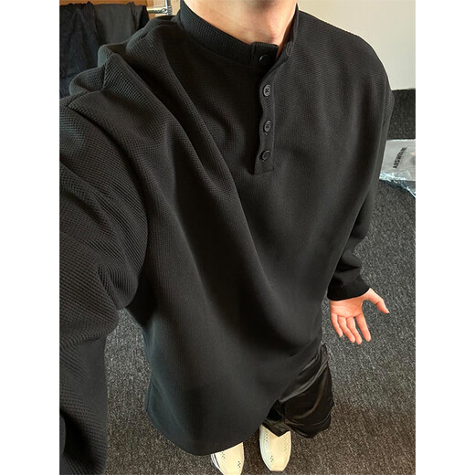 Du Xiaoxian cleanfit Henry collar long-sleeved T-shirt for men in spring and autumn trendy brand handsome high-end top American heavy sweater black XL recommended 120-140Jin Jin is equal to 0.5 kg