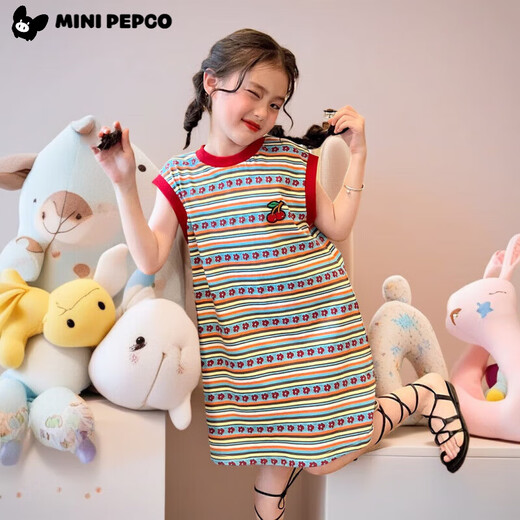 
Little pig Banner girl summer striped retro vest skirt new baby children versatile T-shirt dress loose flower strip skirt 140 recommended height 130-140cm
