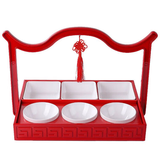 
Retro specialty Miyajima portable box holder hot pot restaurant side dishes partition plate tableware cold dishes dim sum set combination 17.5-inch red portable plate.js-1049b