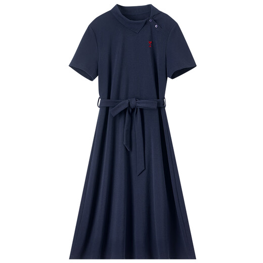 
Shangdubila 100% cotton polo collar tilt two-button contrasting embroidered dress for women in summer commuting temperament versatile skirt