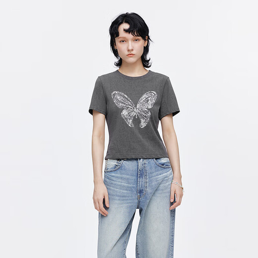 Mousssy 2025 Sommer Neues Produkt Casual Style Butterfly bedrucktes Baumwollkurzärmel-T-Shirt für Frauen 028isa90-3891 160 graue Single-Größe