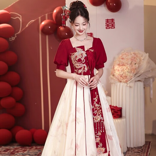 Libaixin Chinese toast suit bride new style 2025 summer engagement wedding dress for women high-end gauze skirt return evening dress burgundy S recommended 80-90Jin [Jin equals 0.5 kg]