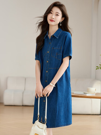 
TJQ ​​luxury high-end brand denim dress for women 2025 summer new style loose casual single-breasted shirt skirt blue M suggested 115Jin [Jin equals 0.5 kg]