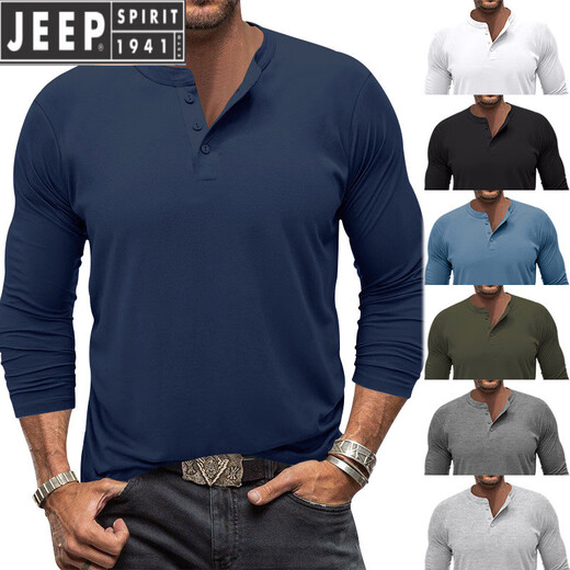 JEEP SPIRIT spring and autumn men's t-shirt American young and middle-aged solid color long-sleeved henley shirt men's simple versatile quick-drying sports T-shirt black XL