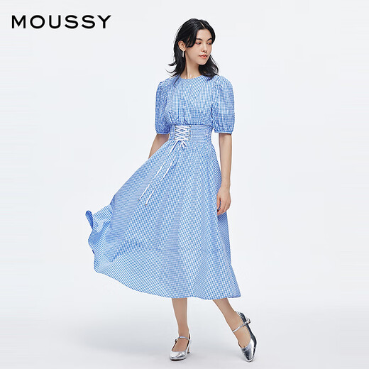 moussy 2025新品田园风泡泡袖绑带收腰连衣裙女028ISA33-4081 115花纹蓝色 S