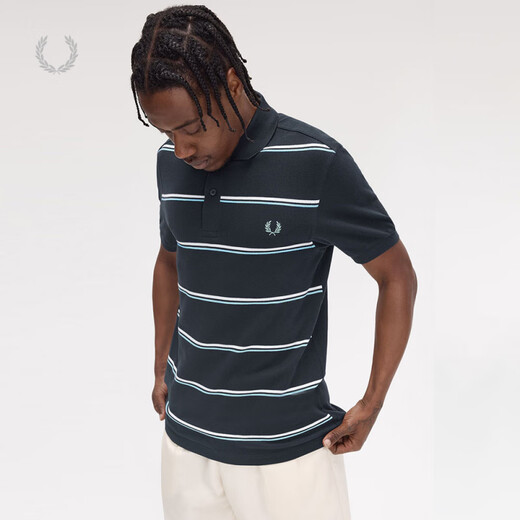 Fred PerryFREDPERRY Men's Casual POLO Shirt 2025 Summer Lapel Double Striped Wheat Ear Embroidered Short Sleeve M9905 Navy NYX L