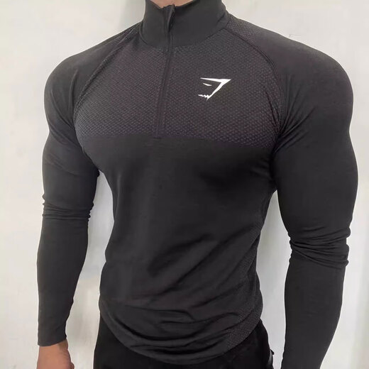 Super handsome upper body British GYMSHARK men's 1/4 zipper vital seamless slim fit quick-drying stretchy long sleeves black S recommended 100-120Jin Jin equals 0.5 kg