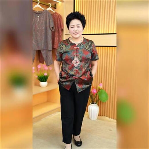 Fr.yh.zh Schönheit im alten Jahr mittleren Alters Kleidung für Frauen Kleidung Oma Sommerhemd Mutter Chinesische Stil Kurzarm Set älter