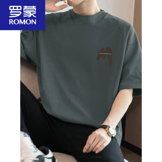 罗蒙（ROMON）260g美式重磅t恤男短袖纯棉圆领上衣服夏季潮流宽松棉半袖体恤 M09-694藏蓝色 2XL 160-180斤