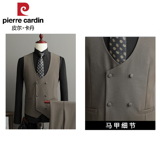 Pierre Cardin high-end double-breasted suit suit for men, groom, wedding, business casual, spring and autumn new formal suit top, brown (suit + trousers + vest) with free tie XL (suitable for 126-140 Jin Jin equals 0.5 kg)