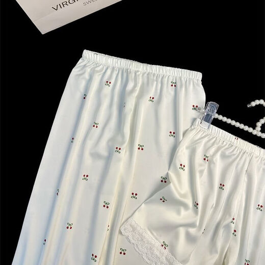 UKUHPKins小樱桃蕾丝边睡衣女夏季三件套短袖短裤长裤家居服薄 LW-9214【短袖短裤】 XL 【建议120-135斤】