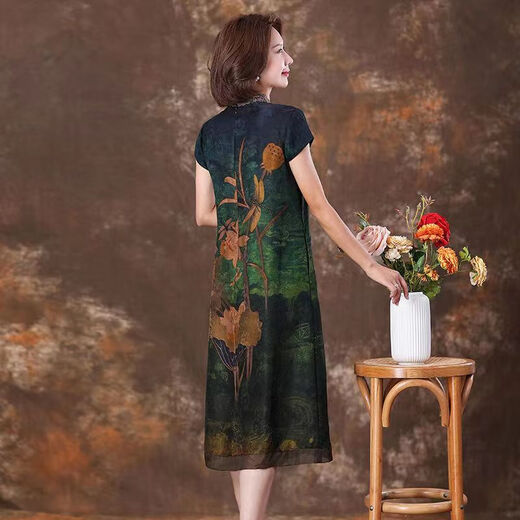Fan Hao's summer modified cheongsam fragrant cloud sa dress for women's short-sleeved silk over-knee long skirt with large size fat mm slim color 9761 M 95-105Jin [Jin equals 0.5 kg]