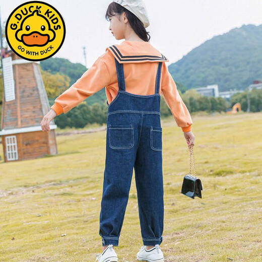 G.DUCKKIDS韩系女童背带裤套装春秋季新款洋气宽松新款时髦中大童可爱两件套 白色学院 110 码建议100CM
