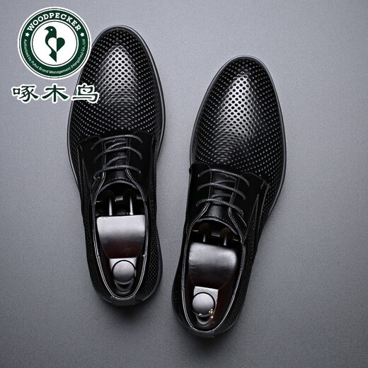 Woodpecker head layer cowhide men's sandals summer genuine leather hollow leather shoes business casual height-enhancing British lace-up men's shoes 9928 black height-enhancing hollow sandals 38