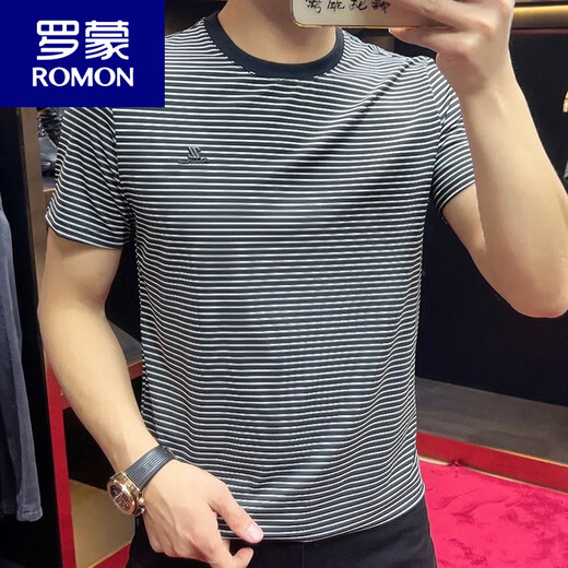 ROMON 2025 summer new product round neck striped short-sleeved men's T-shirt casual half-sleeved slim bottoming shirt sports t-shirt trend 9901 black M recommended 90-115Jin Jin equals 0.5 kg