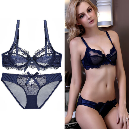 Victoria Palace Ultra-Thin Sexy Bra Transparent Bow Lace Bra Big Breast Look Small Large Size Push-up Sexy Underwear Set Lotus Root Pink 80B/36B with L Size Panties