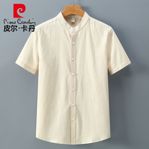Pierre Cardin new Chinese style stand collar shirt men's short-sleeved high-end 2025 heavyweight oxford white henley collar shirt men's summer linen color 4XL 155-175Jin Jin is equal to 0.5 kg