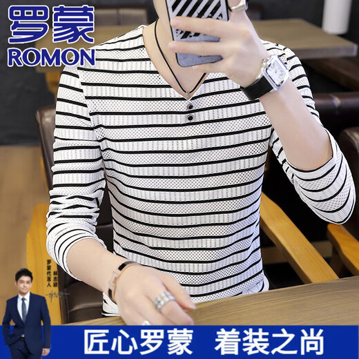 
ROMON 100% pure cotton long-sleeved T-shirt for men's spring and autumn new V-neck sweatshirt casual skin-friendly and comfortable summer thin inner clothing 6188 black long sleeves 2XL 135-150Jin [Jin equals 0.5 kg]