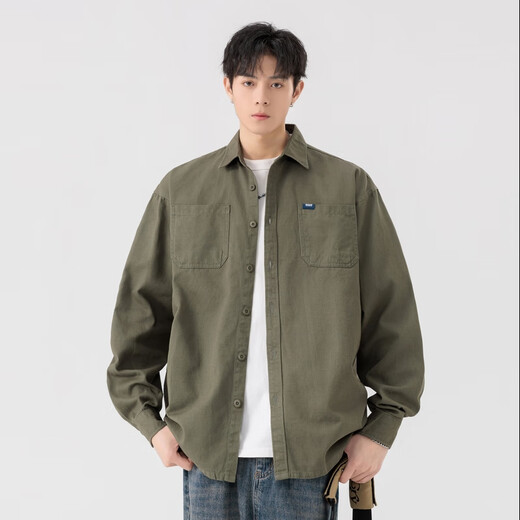 MONPOC Hong Kong style retro shirt men's spring and autumn style couple high-end casual long-sleeved shirt jacket MOC01 military green 4XL