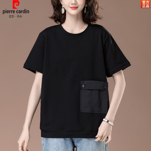 皮尔卡丹（pierre cardin）加肥加大码短袖t恤女士夏薄款棉宽松中年妈妈棉汗衫白色上衣 黑色KSP-9892款 L 适合100-120斤