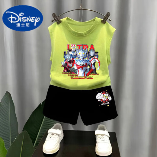 迪士尼（Disney）纯棉男童无袖背心套装夏季新款奥特曼儿童上衣宝宝夏装痞帅两件套 果绿T983+黑色T273小 150 cm 建议身高140-150CM