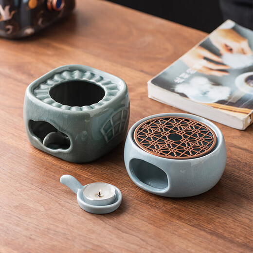 Yunhua Warming Tea Stove Ceramic Tea Cup Warming Tea Stove Candle Heating Base Small Stove Warm Water Insulation Lift Beam Kettle Surround Furnace Ge Kiln Blue - Round Tea Warming Stove + Gasket + Wax Spoon
