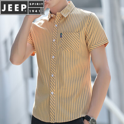 JEEP SPIRIT summer short-sleeved shirt for men, fashionable, casual, slim and handsome, with pocket-wearing trendy men's shirt striped inch shirt HST-838 yellow M (80-108Jin[Jin equals 0.5 kg])