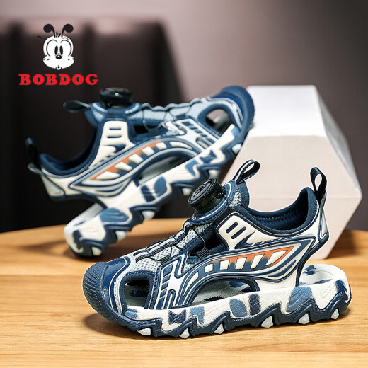 巴布豆（BOBDOG）儿童凉鞋男童包头鞋子夏季2025新款防滑软底男孩纽扣沙滩鞋 深蓝 XF-728 32 码  内长20.2CM
