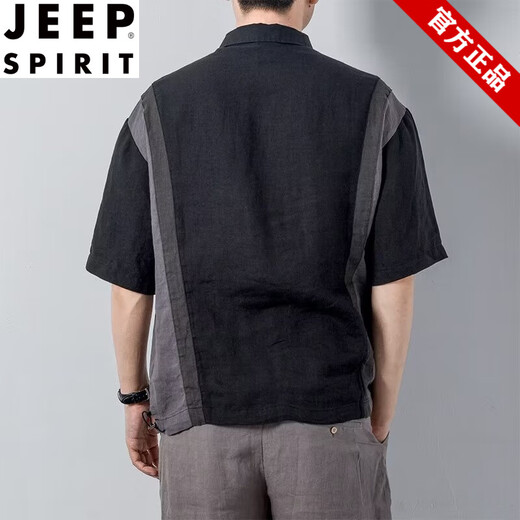 JEEP SPIRIT男士夏季休闲翻领纽扣POLO衫短袖五分中袖T恤男咖色撞色潮流上衣 693黑色 M 建议100-120斤