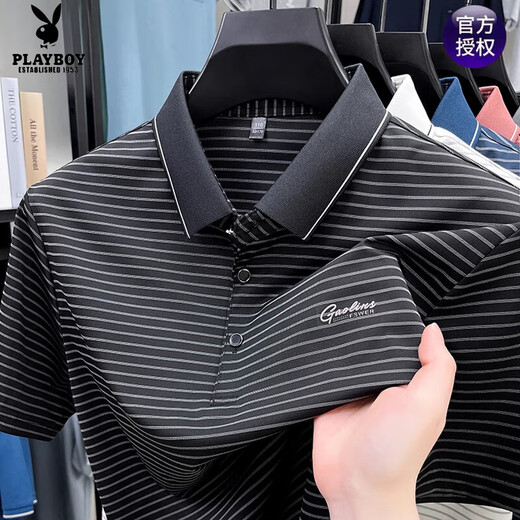 Playboy men's short-sleeved T-shirt striped POLO shirt lapel ice silk thin business casual no-iron dad's half-sleeved top short-sleeved 9922 blue M 165 suggests 90-120Jin [Jin equals 0.5 kg]
