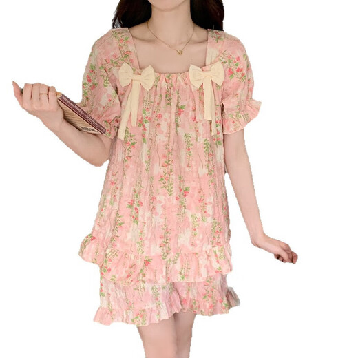 Pajama de algodón en la nube para mujeres en verano dulce estilo floral con almohadilla de pecho pantalones cortos de manga corta La ropa delgada del hogar se puede usar afuera 9902-3# 2XL