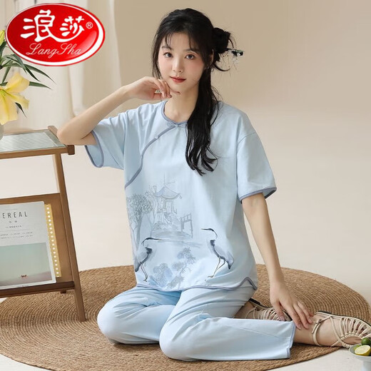 Langsha's new summer short-sleeved pants pajamas set Chinese style casual and comfortable to wear cotton home clothes outside 9905 M 75-95Jin [Jin equals 0.5 kg]