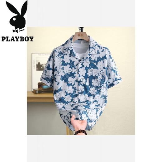 Playboy (Playboy) Hawaiian Flower Shirt Short Short Sum's Summer Ice Silk Fin Beach Couple Casual Shirt 6636 Taihu Green M