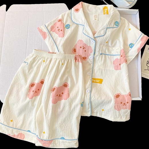 Balabala Children's Pyjamas Summer Summer à manches courte à manches coton Cotton Style Girls 2025 NOUVEAU ÉTÉ COMPRISE MIGLE HOME SET F757 # SOIL SEAT CHEURS COURTES + SHORTS Taille moyenne Enfants 16 Taille Hauteur 133-143 cm Poids 6