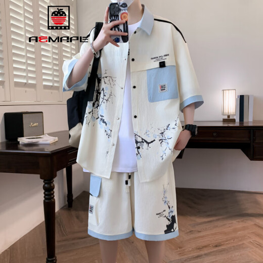 AEMAPE衬衫套装男夏季2025新款工装休闲衬衣男装一套搭配帅气夏天两件套 T719黑色 M