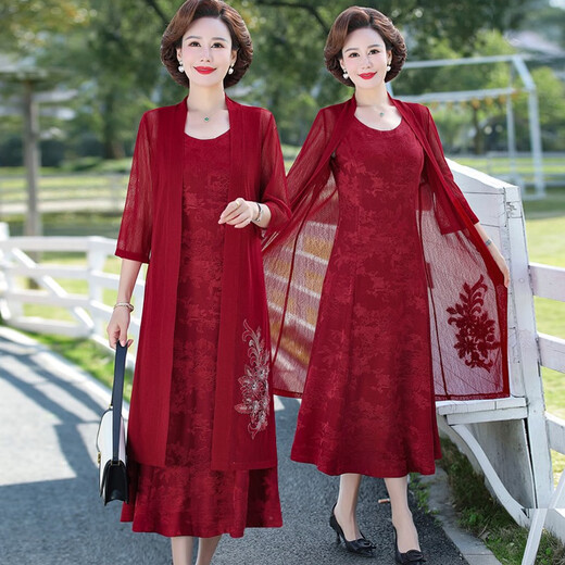 酷章（KUZHANG）喜婆婆婚宴套装妈妈春夏秋连衣裙高贵旗袍裙子新款结婚礼服两件套 9277枣红 两件套连衣裙 M 80-95斤