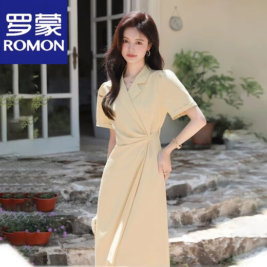 ROMON (ROMON) 2025 Summer New Design Traje Vestido con ajuste delgado de la cintura y temperamento delgado y falda a largo plazo amarillo brillante 2xl 130-140Jin [Jin equivale a 0.5 kg]