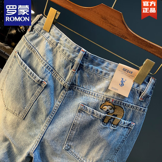 Romon Summer Casual Shorts Herren große helle Farbe Pure Cotton Five-Teile-Jeans Trendy Stickerei High-End-Herren-Gerade mit mittlerem Blau [XY9922] 30 Geeignet für Gewicht 120-128jin [Jin gleich 0,5 kg]