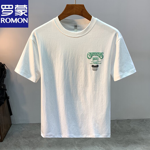 Romon 2025 new loose bear letter printing round neck short-sleeved T-shirt for men slim cotton half-sleeved white 5 JSW9923 M suitable for 90-108Jin [Jin equals 0.5 kg]