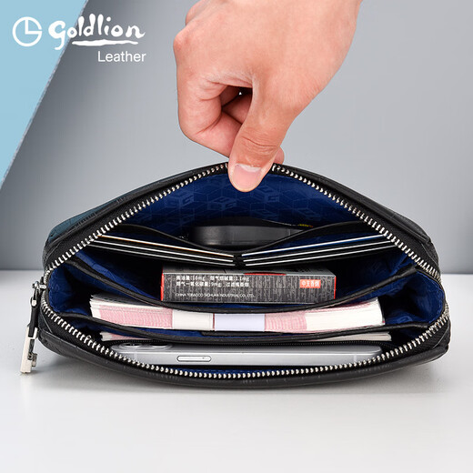 Goldlion men's handbag genuine leather brand 2025 new cowhide crocodile pattern large-capacity clutch men [Black] Official authorization