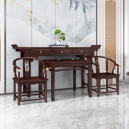 Zhidou Central Hall Sechs-teilig Set Massivholz Central Hall Sechs-teilig Set New Chinese Style Rural Hall Altar Tisch SN3895 Kupfer Offizieller Hutstuhl Sechs-teilige alte Elmholz Holz