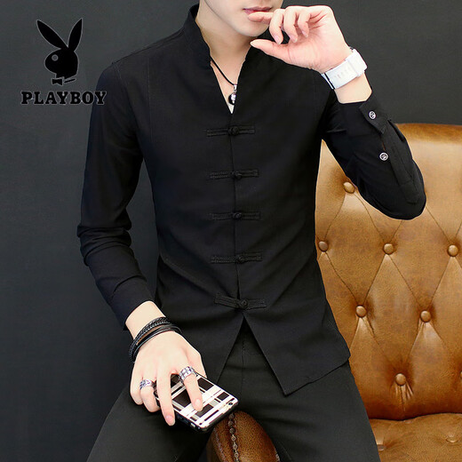花花公子（PLAYBOY）男士衬衫长袖春秋唐装盘扣中式立领外套中国风休闲衬衣高级感男装 白色9905盘扣立 领衬衫 M