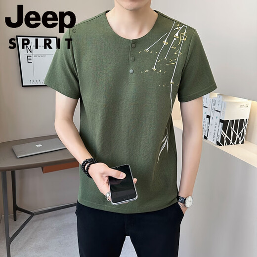 JEEP SPIRIT新中式国风v领短袖T恤男夏季亚麻2025新款透气竹子半袖男士体恤衫 9856卡其色 M (约90~105斤可穿)