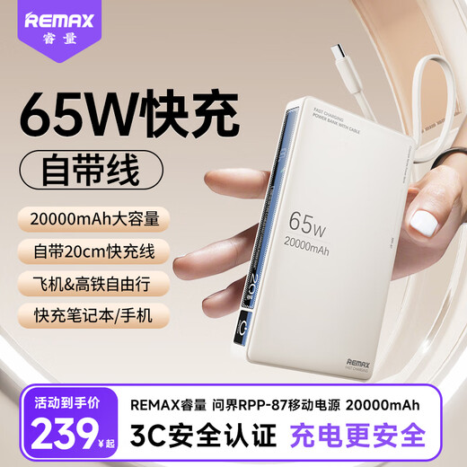 Remax 3C certified laptop power bank comes with a 65W fast charging 20,000 mAh outdoor mobile power supply that can be used on airplanes and is compatible with Apple 16/17 Huawei and Xiaomi tablets
