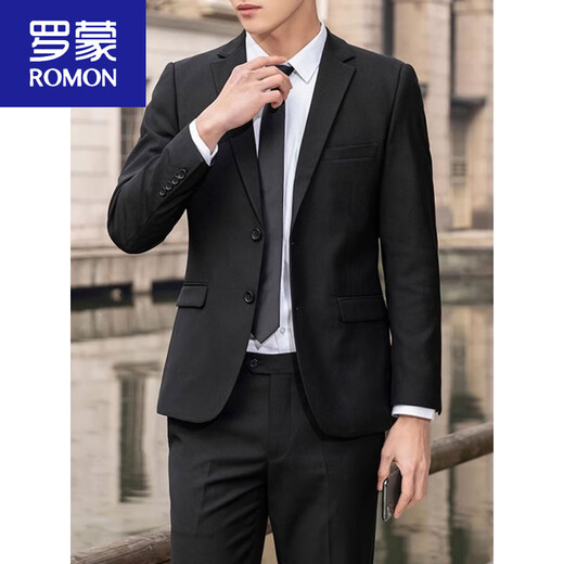 罗蒙（ROMON）西服套装男士西装外套职业正装上班面试黑色伴郎工作服商务小西服 两粒扣黑色西服+西裤+衬衫+领带 2XL 130-145斤