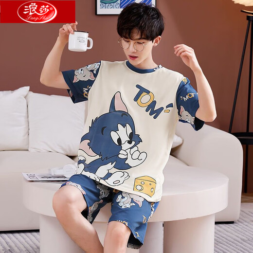 Langsha College estudiante de pijamas hombres algodón de algodón puro adolescente de verano pantalones cortos de manga corta caricatura delgada de ropa para casas de gran tamaño.