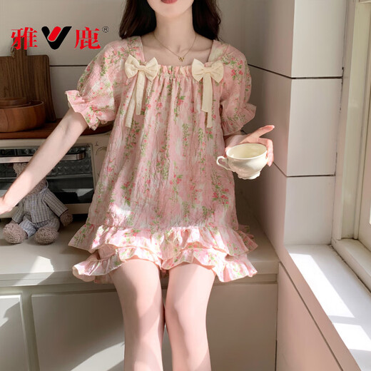 雅鹿带胸垫睡衣女款2025年新款夏季薄款复古碎花云朵棉短袖家居服 449-9902-2-双蝶结短套-粉花 可 M 【推荐80-100斤】