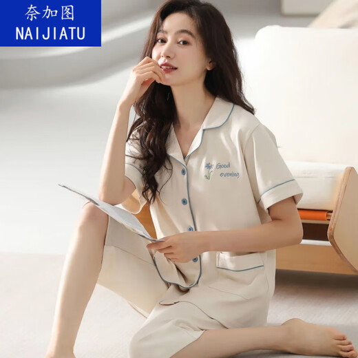 奈加图纯棉睡衣女士夏季短袖七分裤中青年款大码开衫套装常规款家居服 n9898七分裤开衫 M (80-100斤)